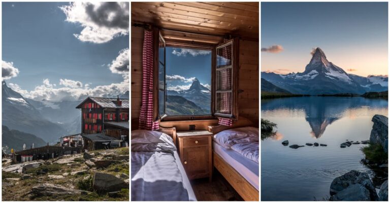 collage of a window seeing the swiss mountain matterhorn, the famous Stellisee lake and the fluhalp hut in Zermatt
