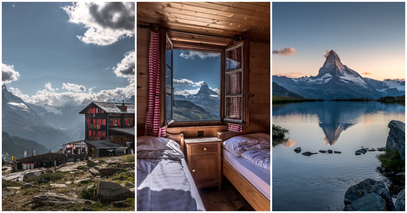 collage of a window seeing the swiss mountain matterhorn, the famous Stellisee lake and the fluhalp hut in Zermatt