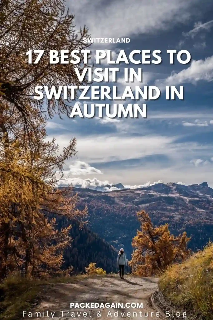 girl standing amongst the larch trees during autumn in Switzerland