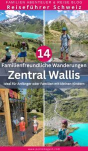 verschiedene Fotos, die Kinder auf einer familienfreundlichen Wanderung im Zentralwallis zeigen