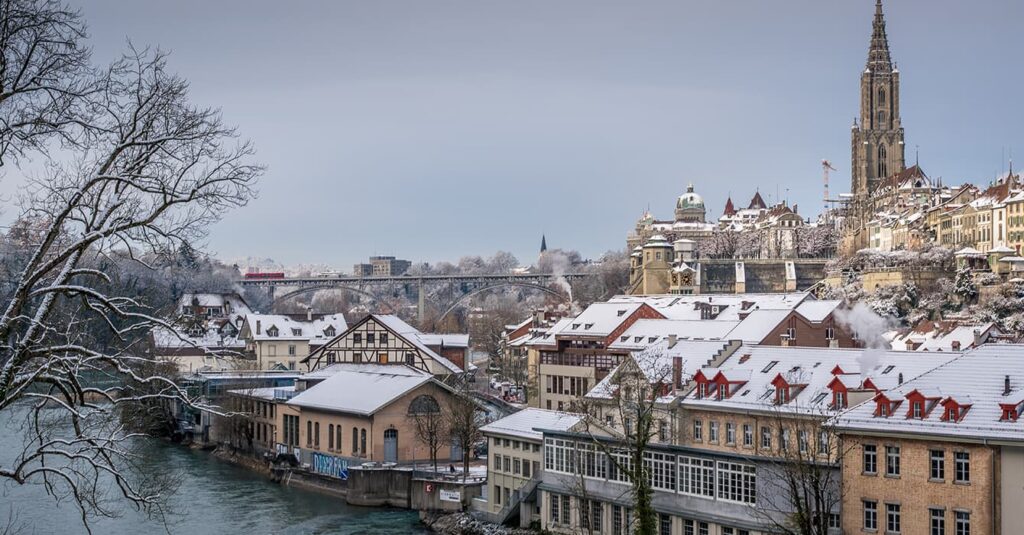 Winter view in Bern City towards the Berner Münster Cathedral