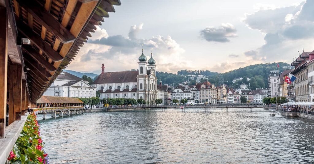 Lucerne city views from chapel bridge with flowers