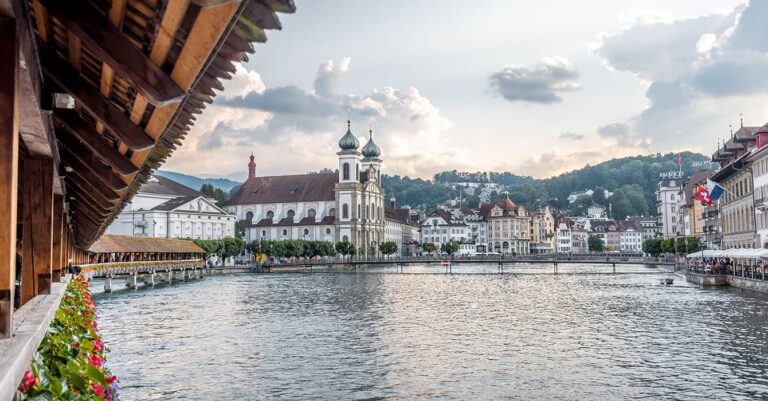 Lucerne city views from chapel bridge with flowers