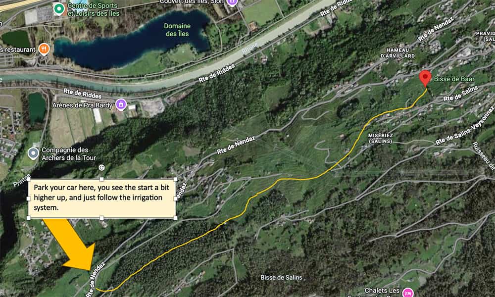 Google map screenshot for spring hike bisse de Baar in valais