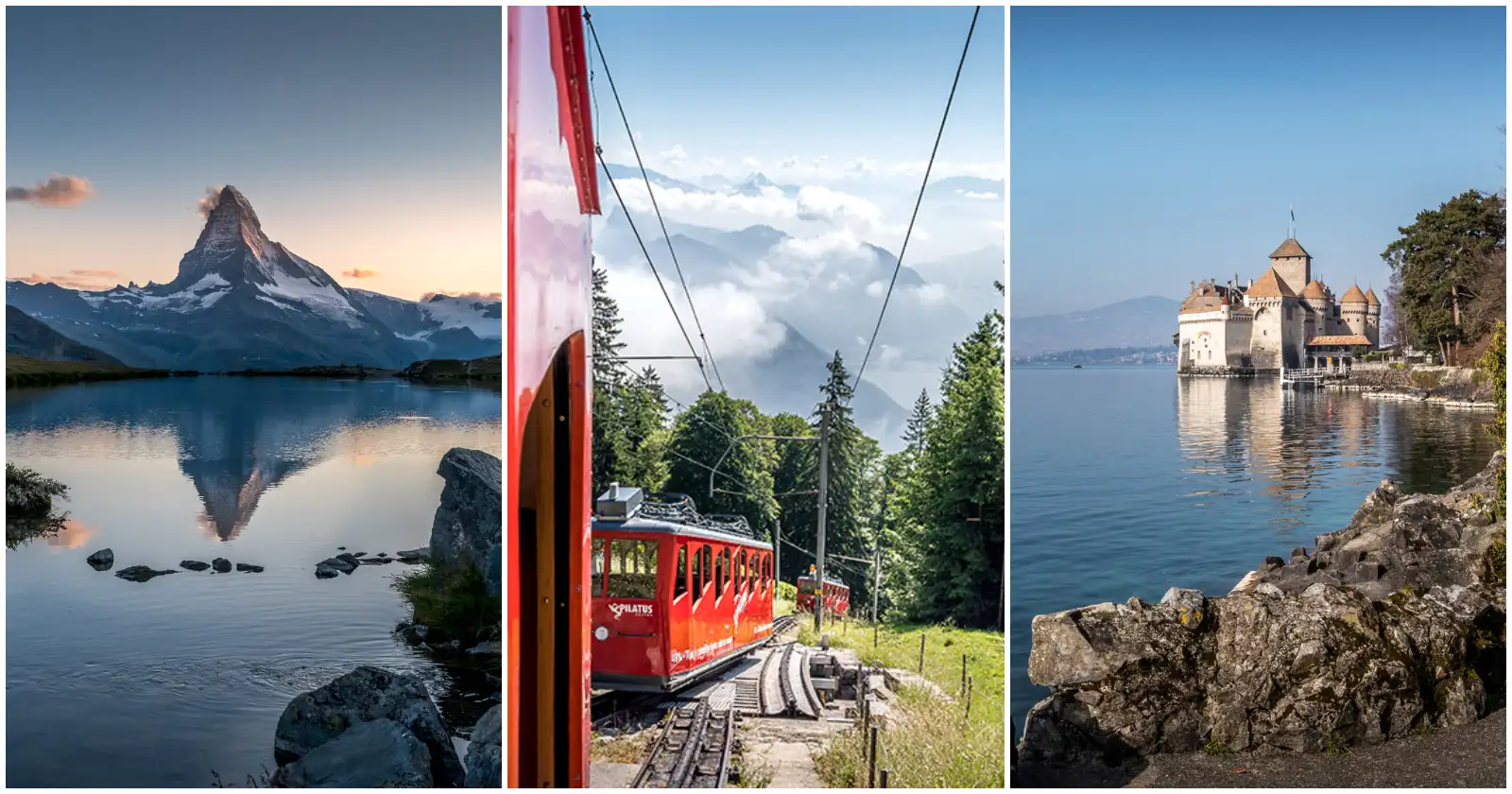 three photos from Zermatt, Pilatus and Chillon castle