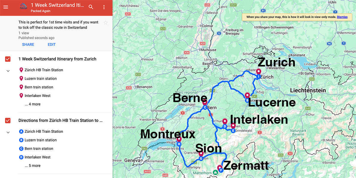 google map for one week Switzerland itinerary with stops marked