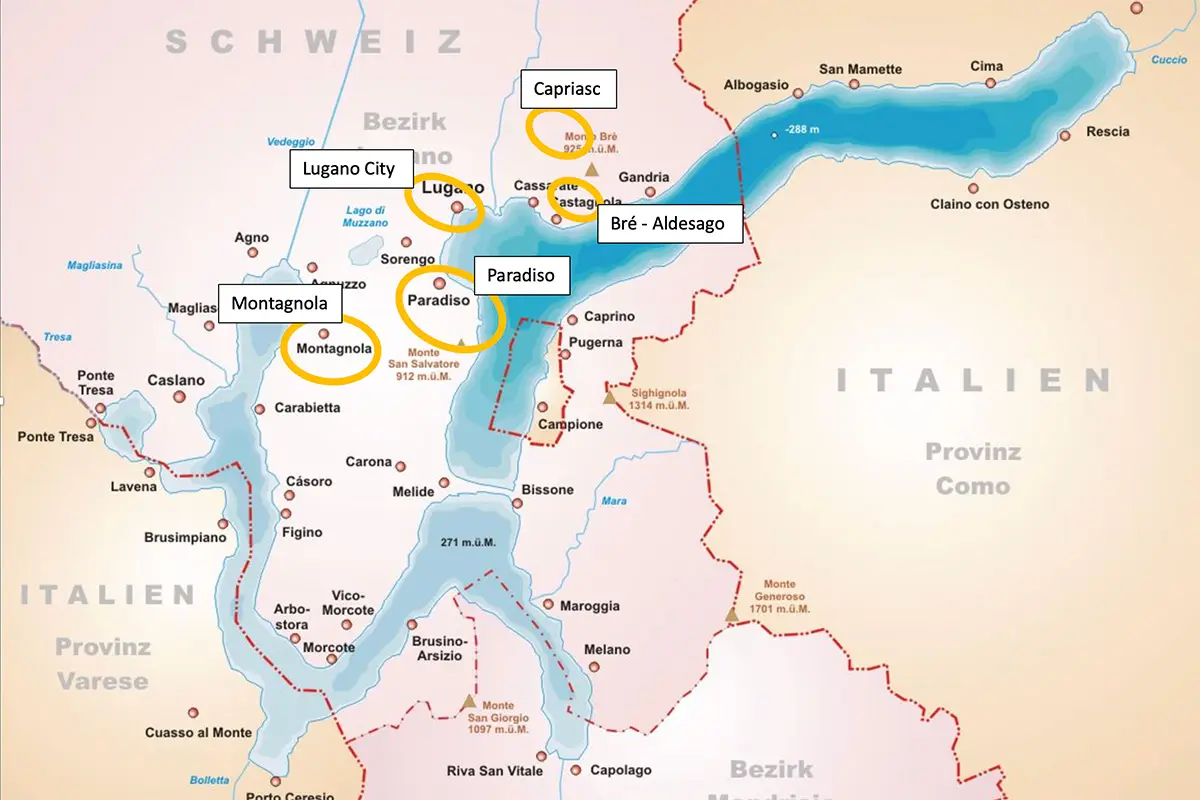 map of Lugano with its neighbourhood circled