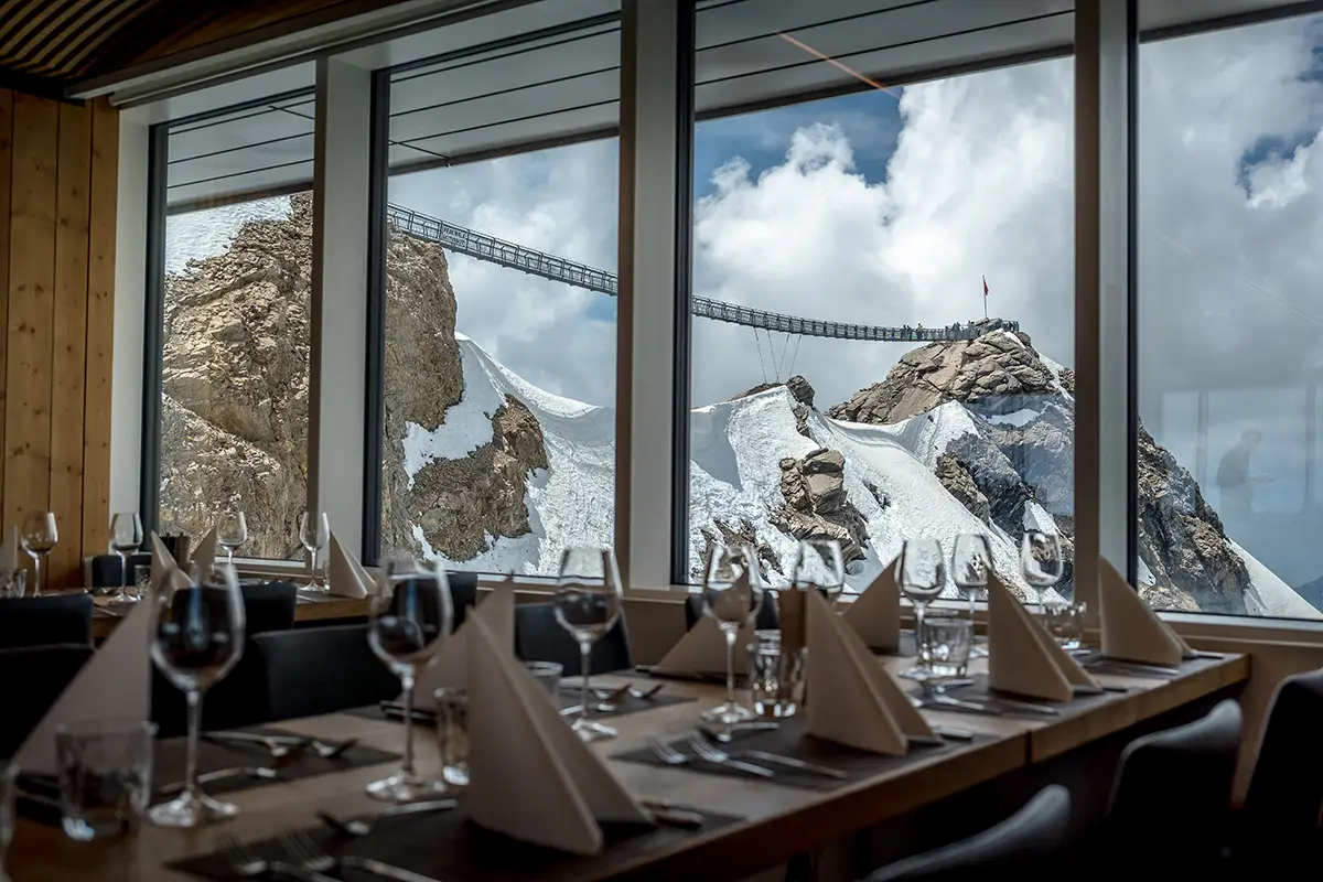 view from the Botta restaurant at glacier 300 over to the suspension bridge
