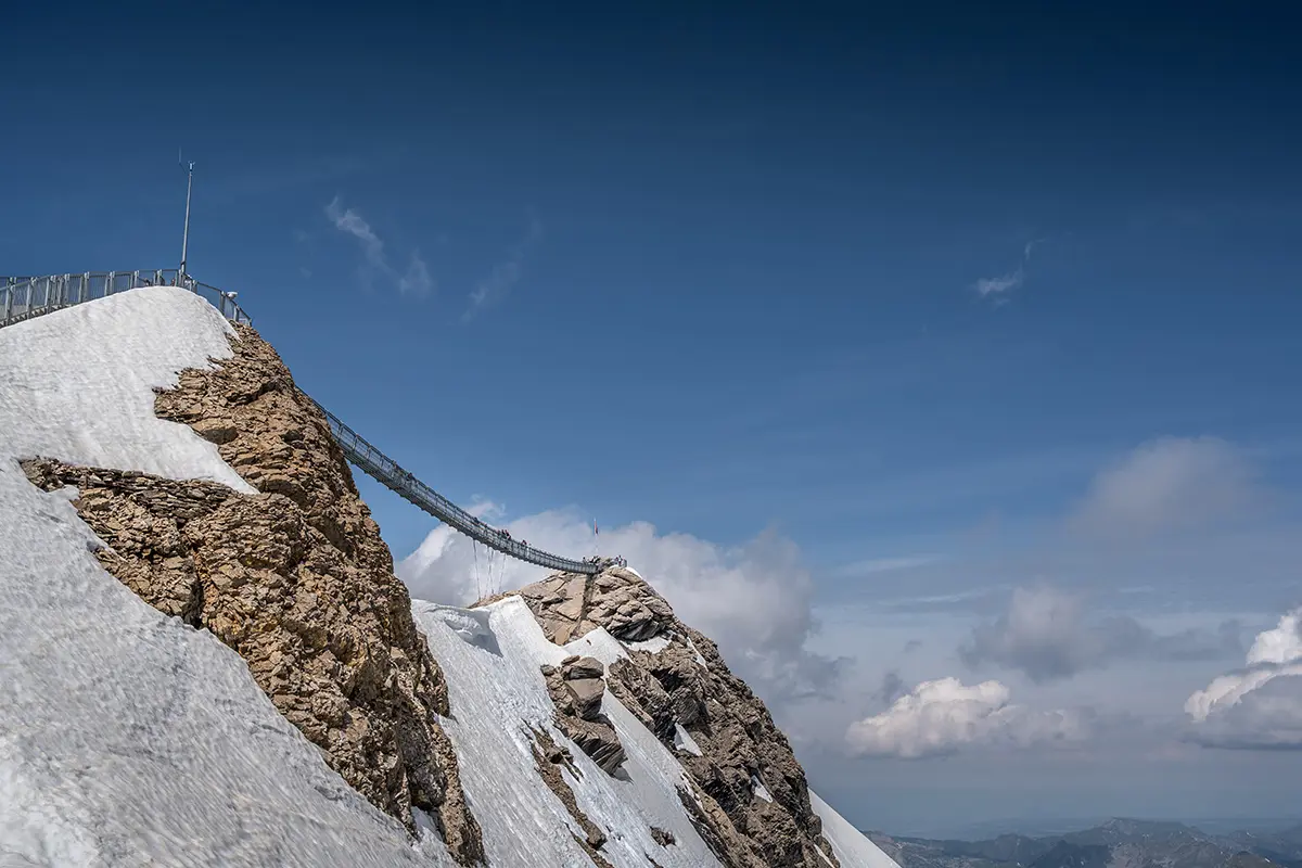 looking up at the Tissot Peak to Peak suspension bridge at Glacier 3000