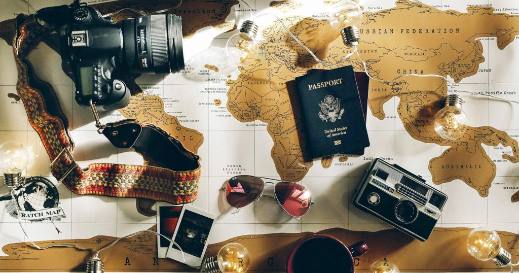 travel set up with camera and passports