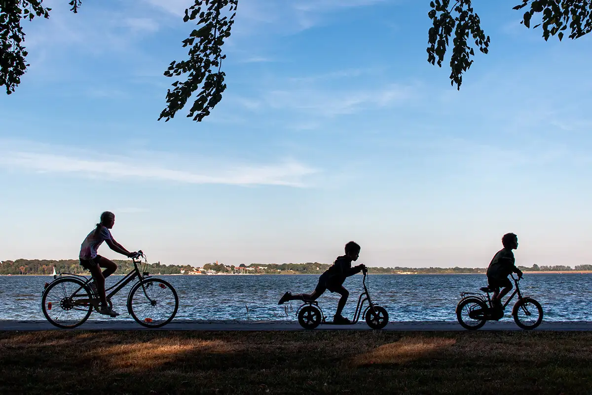 children on their bike cycling along the water front