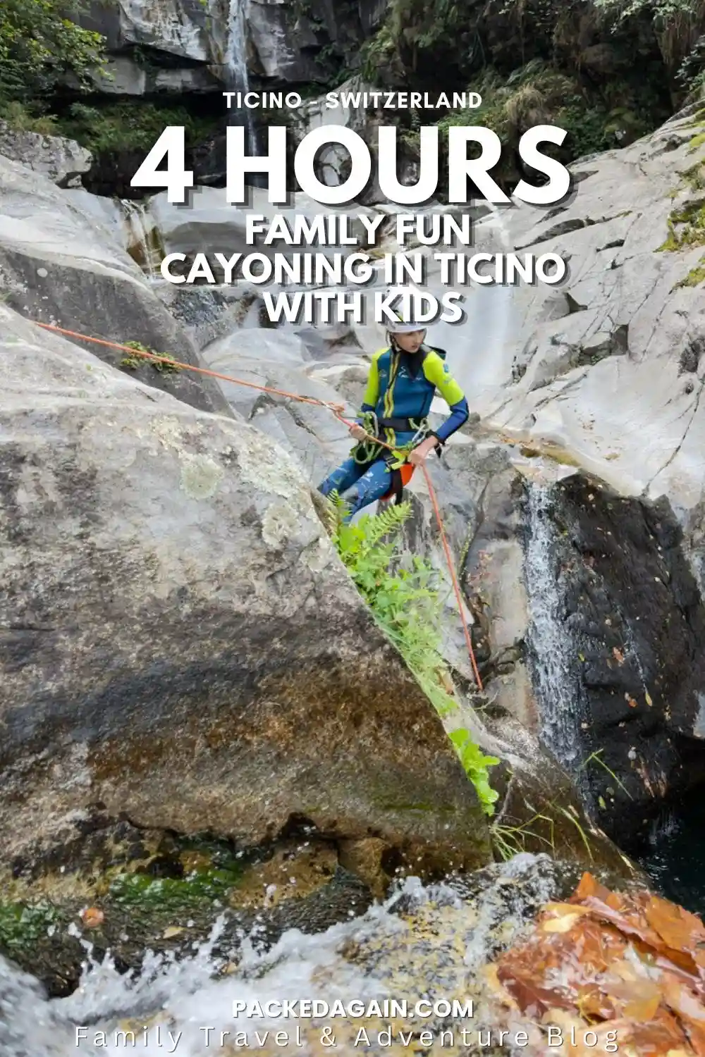 Canyoning in Ticino with kids in the Boggera gorge Pinterest image