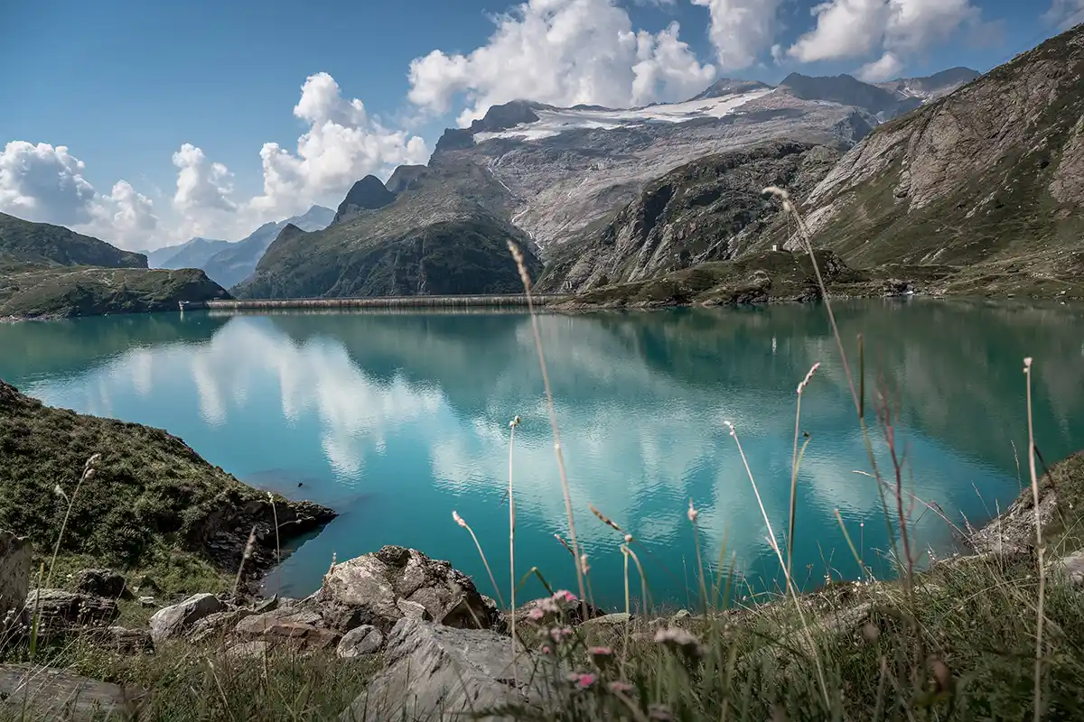 Robiei lake from one side with the Glacier basodino in the background