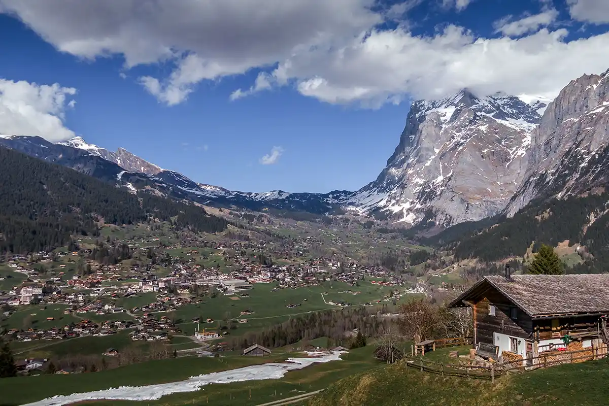 view of Grindelwald village from away with mountain views